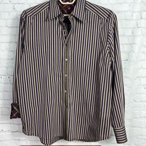 Robert Graham Shirt Mens Large Purple Green Striped Cotton Long Sleeve